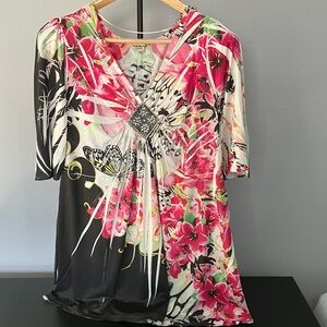 ONE WORLD Pink and Black Floral Blouse
